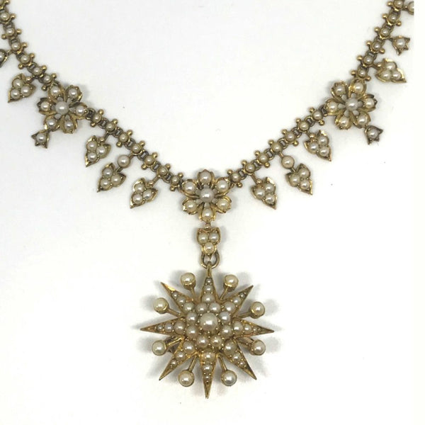 Antique Victorian Edwardian Seed Pearl Necklace & Brooch