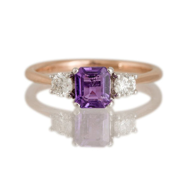Octagonal Cut Mauve Sapphire and Diamond Three-Stone Ring