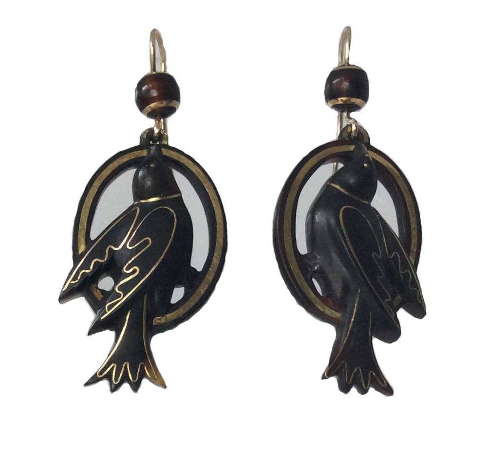 Rare Antique Victorian Tortoiseshell Gold Inlay Pique Earrings