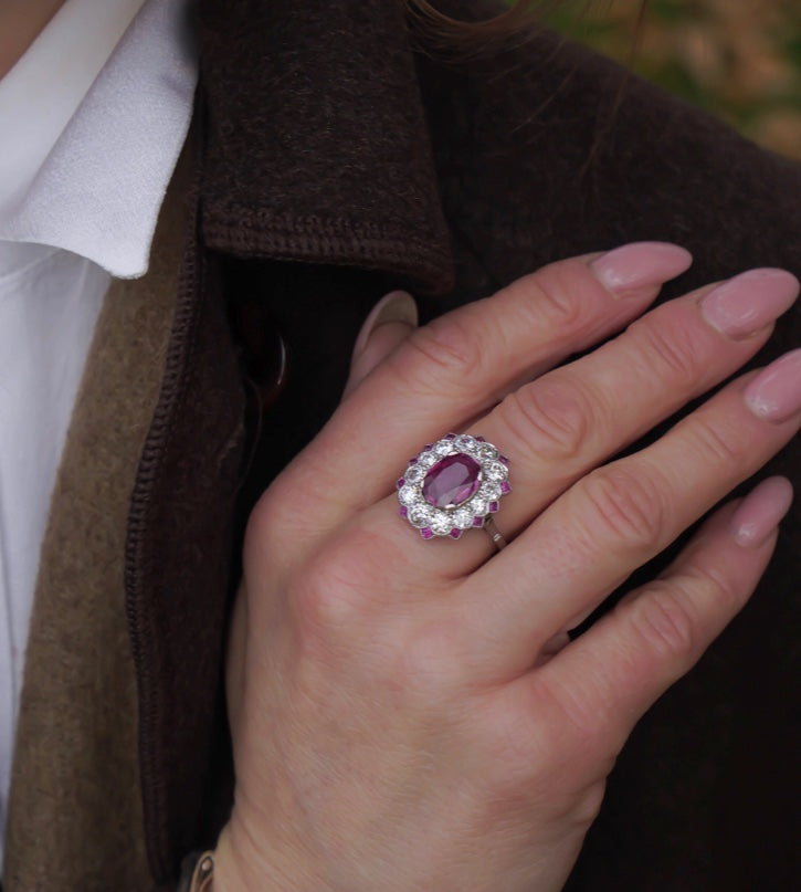 Art Deco 2 carat No Heat Burma Ruby and Diamond Cluster Ring