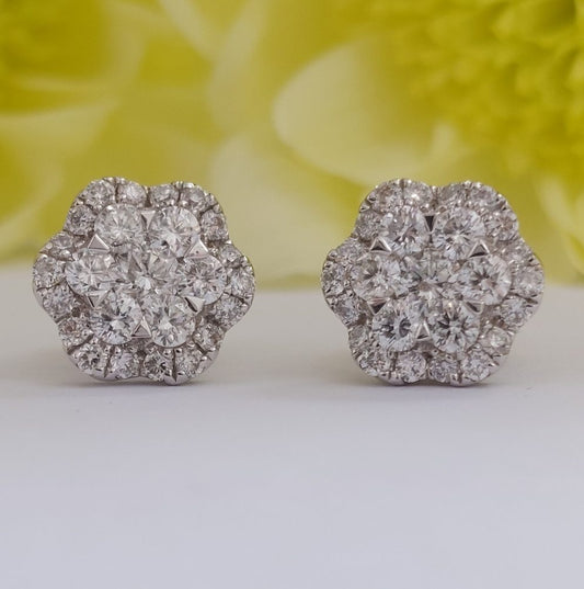 Modern 0.93ct Diamond Floral Cluster Stud Earrings