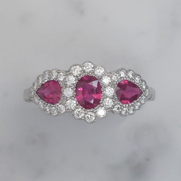 Modern 1.12ct Ruby and Diamond Triple Cluster Ring
