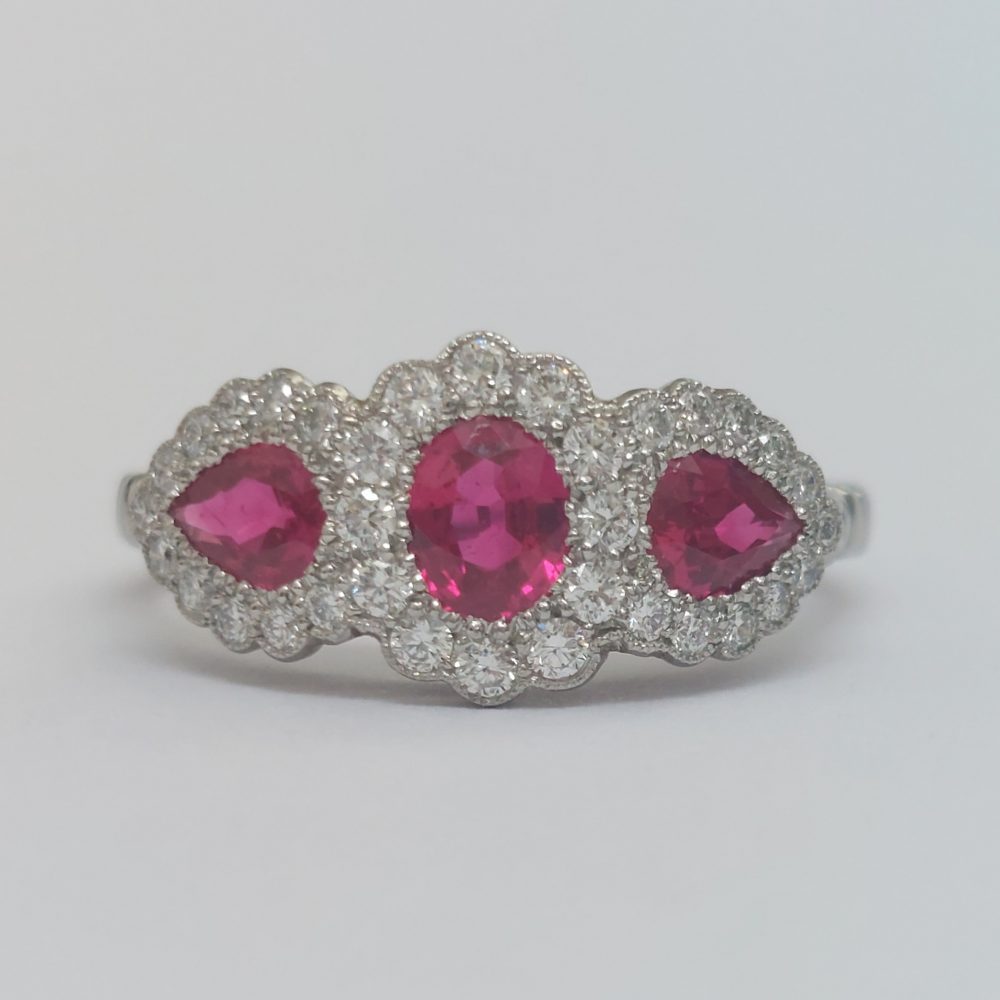 Modern 1.12ct Ruby and Diamond Triple Cluster Ring