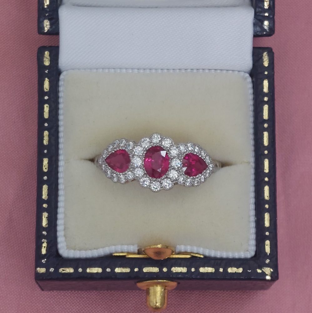 Modern 1.12ct Ruby and Diamond Triple Cluster Ring