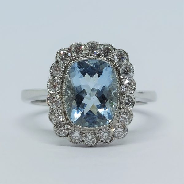 Modern 1.69ct Cushion Aquamarine and Diamond Ring