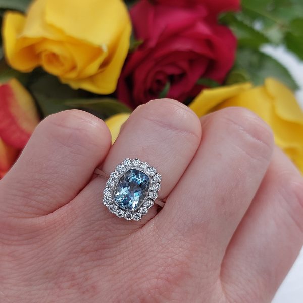 Modern 1.69ct Cushion Aquamarine and Diamond Ring