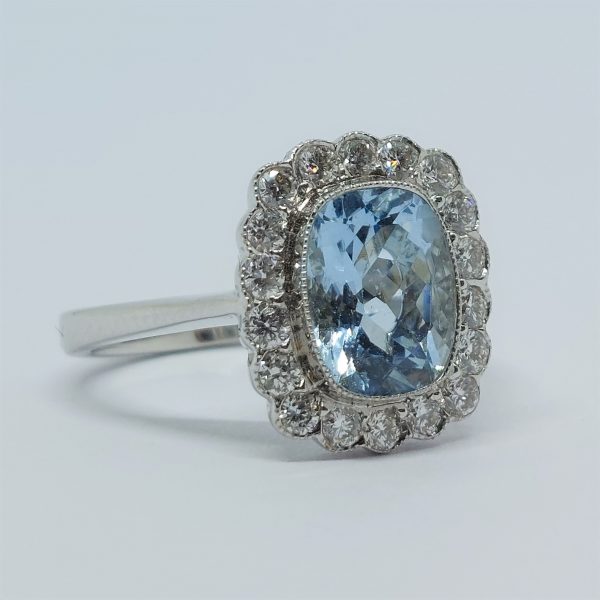 Modern 1.69ct Cushion Aquamarine and Diamond Ring