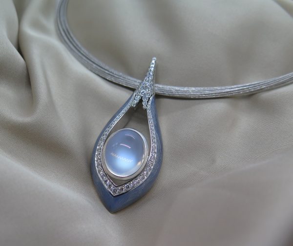 Modern 11.20ct Moonstone and Diamond Enamel Pendant