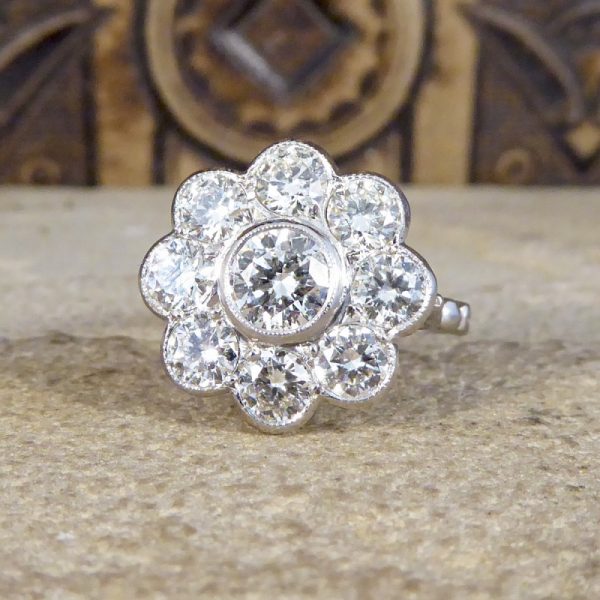 Modern 2.10ct Diamond Daisy Cluster Platinum Ring