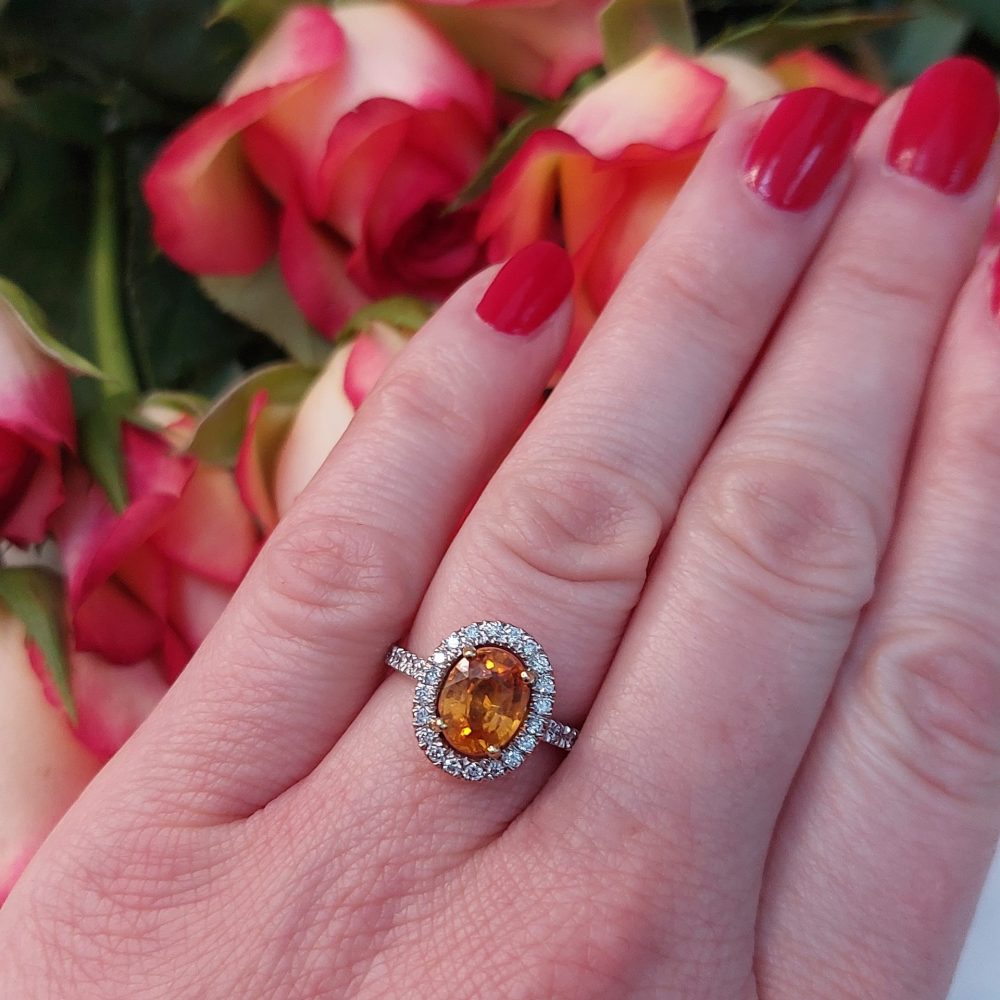 Modern 2.16ct Mandarin Garnet and Diamond Cluster Ring