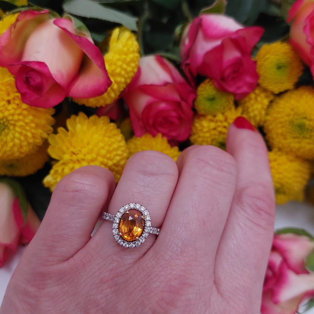 Modern 2.16ct Mandarin Garnet and Diamond Cluster Ring