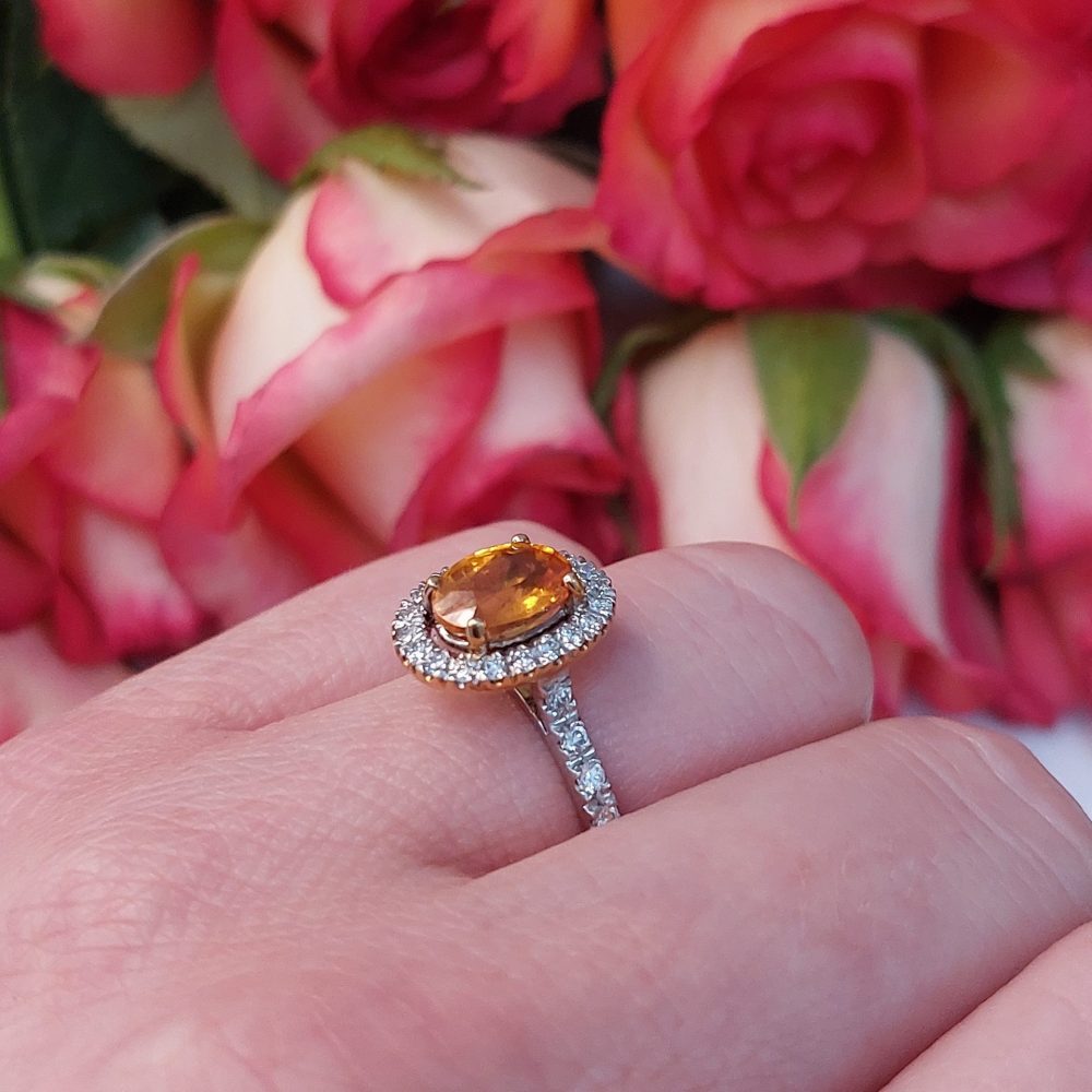 Modern 2.16ct Mandarin Garnet and Diamond Cluster Ring