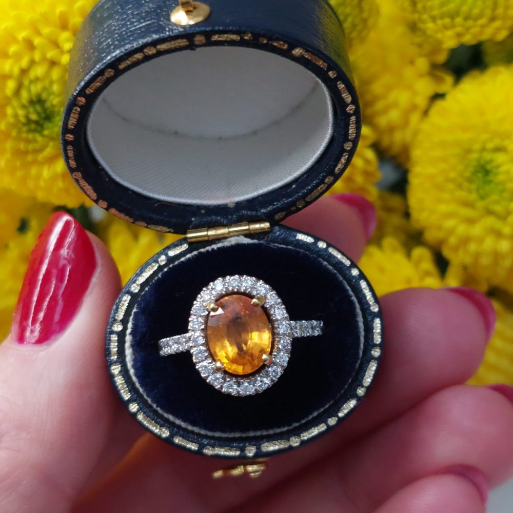 Modern 2.16ct Mandarin Garnet and Diamond Cluster Ring