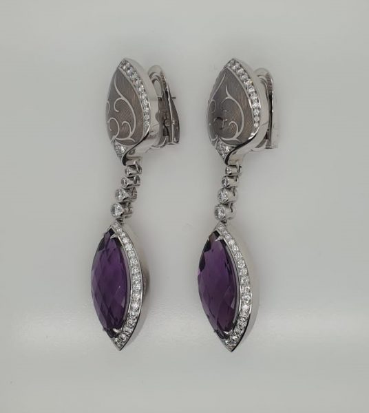 Modern Amethyst and Diamond Enameled Drop Earrings