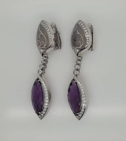 Modern Amethyst and Diamond Enameled Drop Earrings