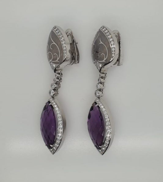 Modern Amethyst and Diamond Enameled Drop Earrings