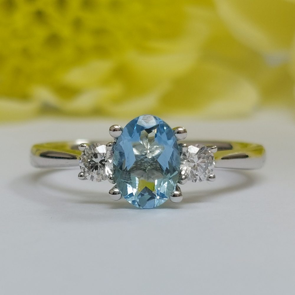 Modern Aquamarine and Diamond Three Stone Ring