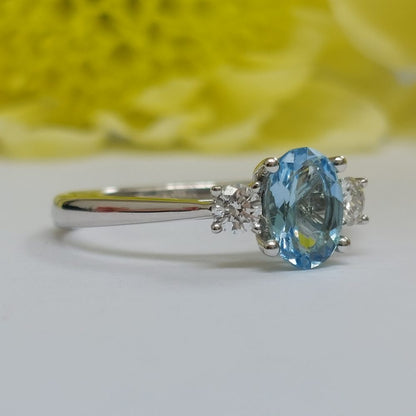 Modern Aquamarine and Diamond Three Stone Ring