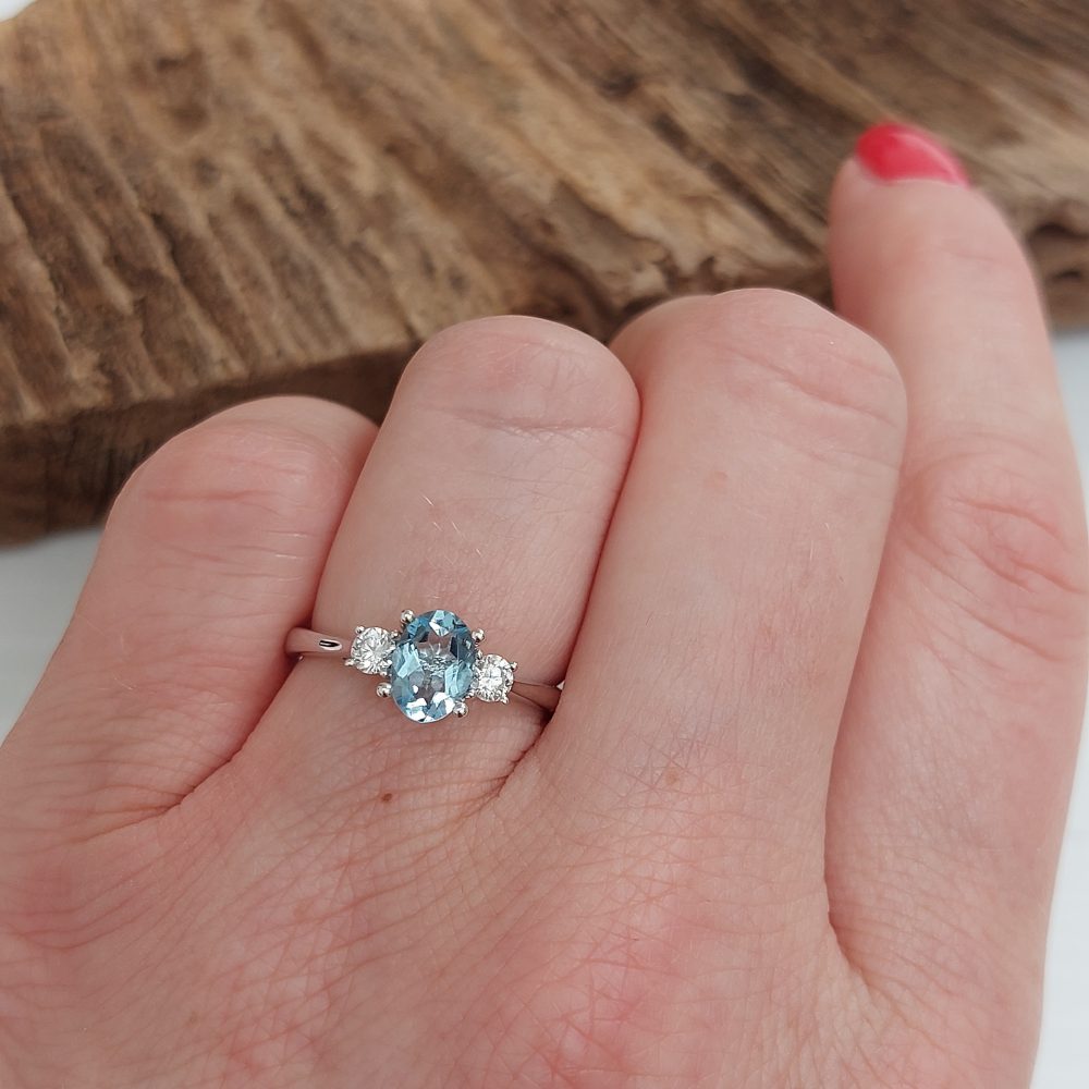 Modern Aquamarine and Diamond Three Stone Ring