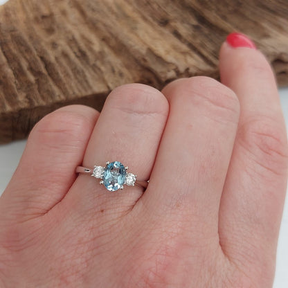 Modern Aquamarine and Diamond Three Stone Ring