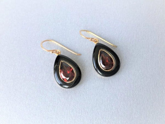 Black Onyx and Garnet Gold Drop Earrings