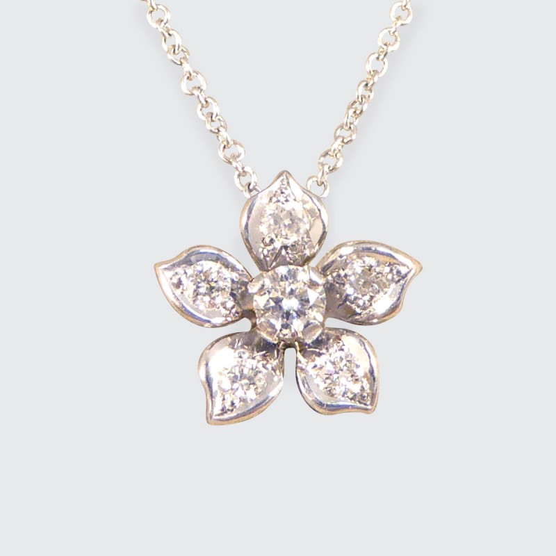 Modern Diamond Set Flower Pendant Necklace