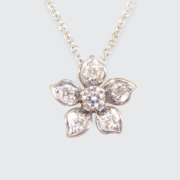 Modern Diamond Set Flower Pendant Necklace