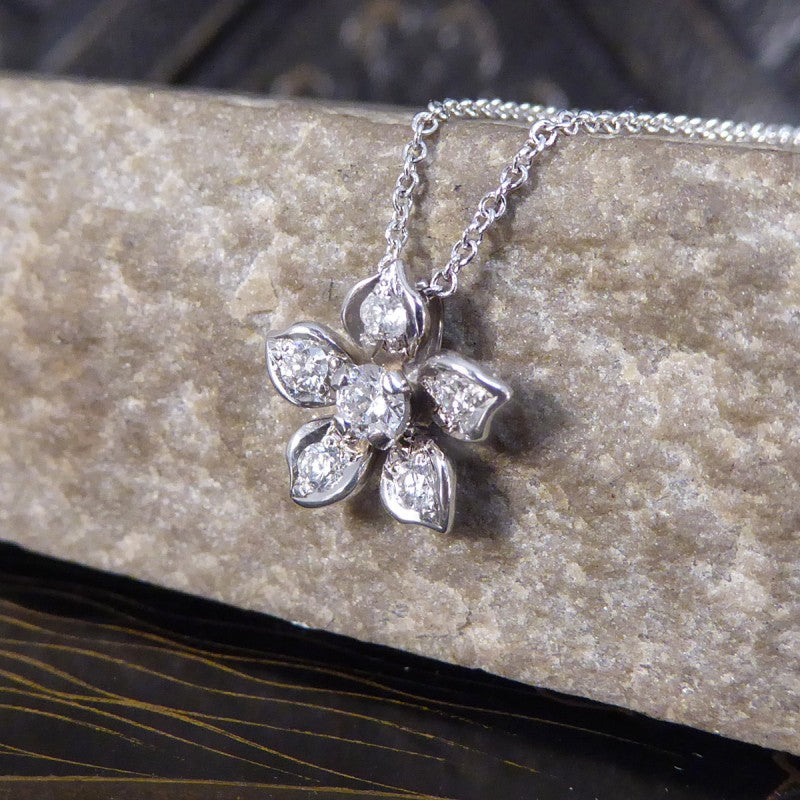 Modern Diamond Set Flower Pendant Necklace