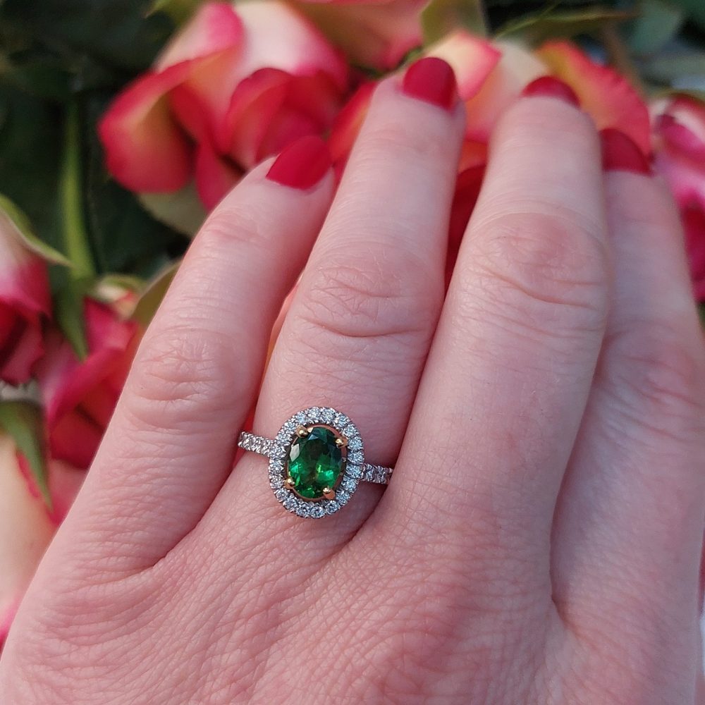 Modern Tsavorite Garnet and Diamond Cluster Ring