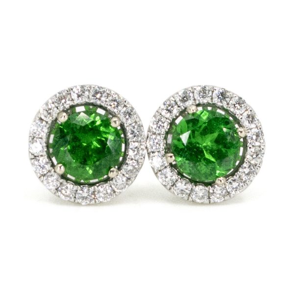 Modern Tsavorite Garnet and Diamond Cluster White Gold Earrings