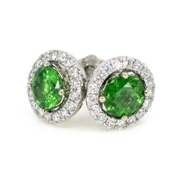 Modern Tsavorite Garnet and Diamond Cluster White Gold Earrings