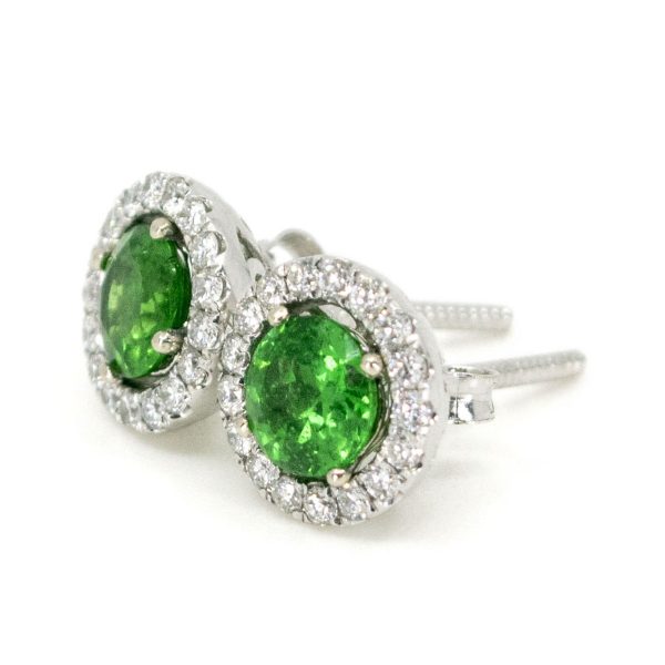 Modern Tsavorite Garnet and Diamond Cluster White Gold Earrings