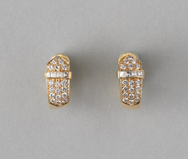 Contemporary 1.36ct Diamond set 18ct Yellow Gold Buckle Clip Earrings, 1.36 carat total, Master mark: DM for David Morris, England, 1990