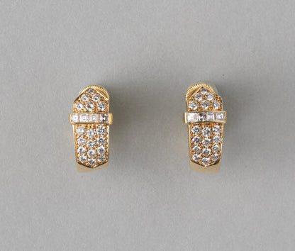 Contemporary 1.36ct Diamond set 18ct Yellow Gold Buckle Clip Earrings, 1.36 carat total, Master mark: DM for David Morris, England, 1990