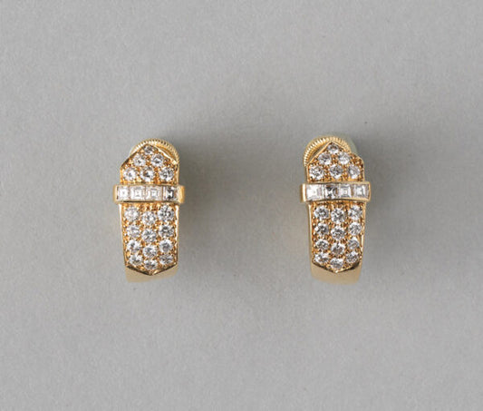 Contemporary 1.36ct Diamond set 18ct Yellow Gold Buckle Clip Earrings, 1.36 carat total, Master mark: DM for David Morris, England, 1990