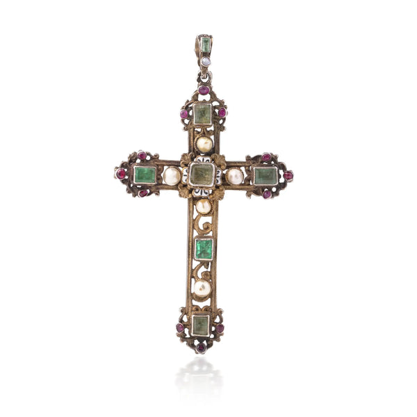 Antique Victorian Gem-Set Cross Pendant In Silver And Silver Gilt, C.1890
