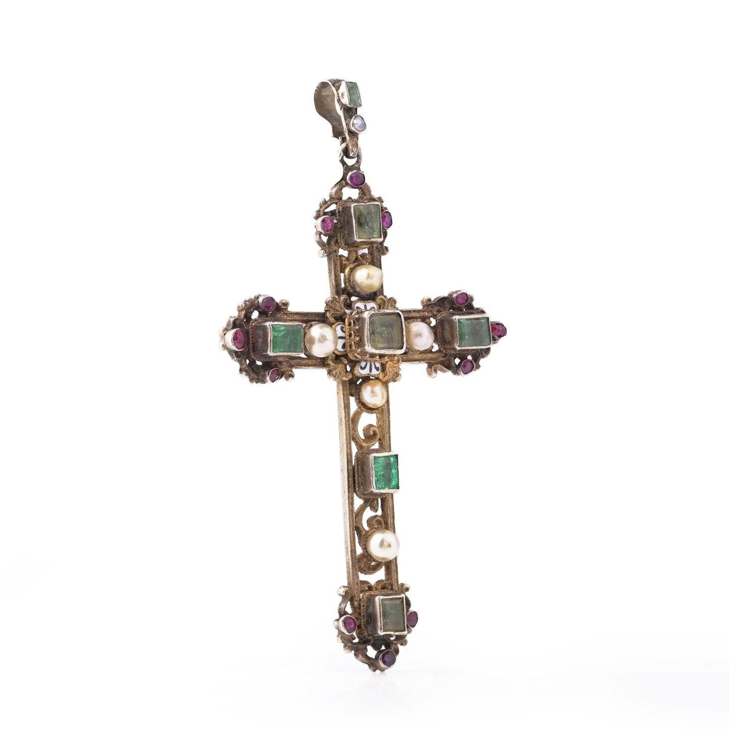 Antique Victorian Gem-Set Cross Pendant In Silver And Silver Gilt, C.1890