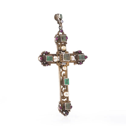 Antique Victorian Gem-Set Cross Pendant In Silver And Silver Gilt, C.1890