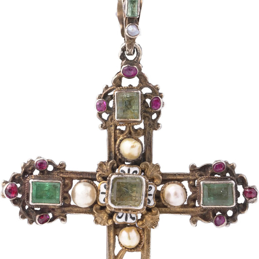 Antique Victorian Gem-Set Cross Pendant In Silver And Silver Gilt, C.1890