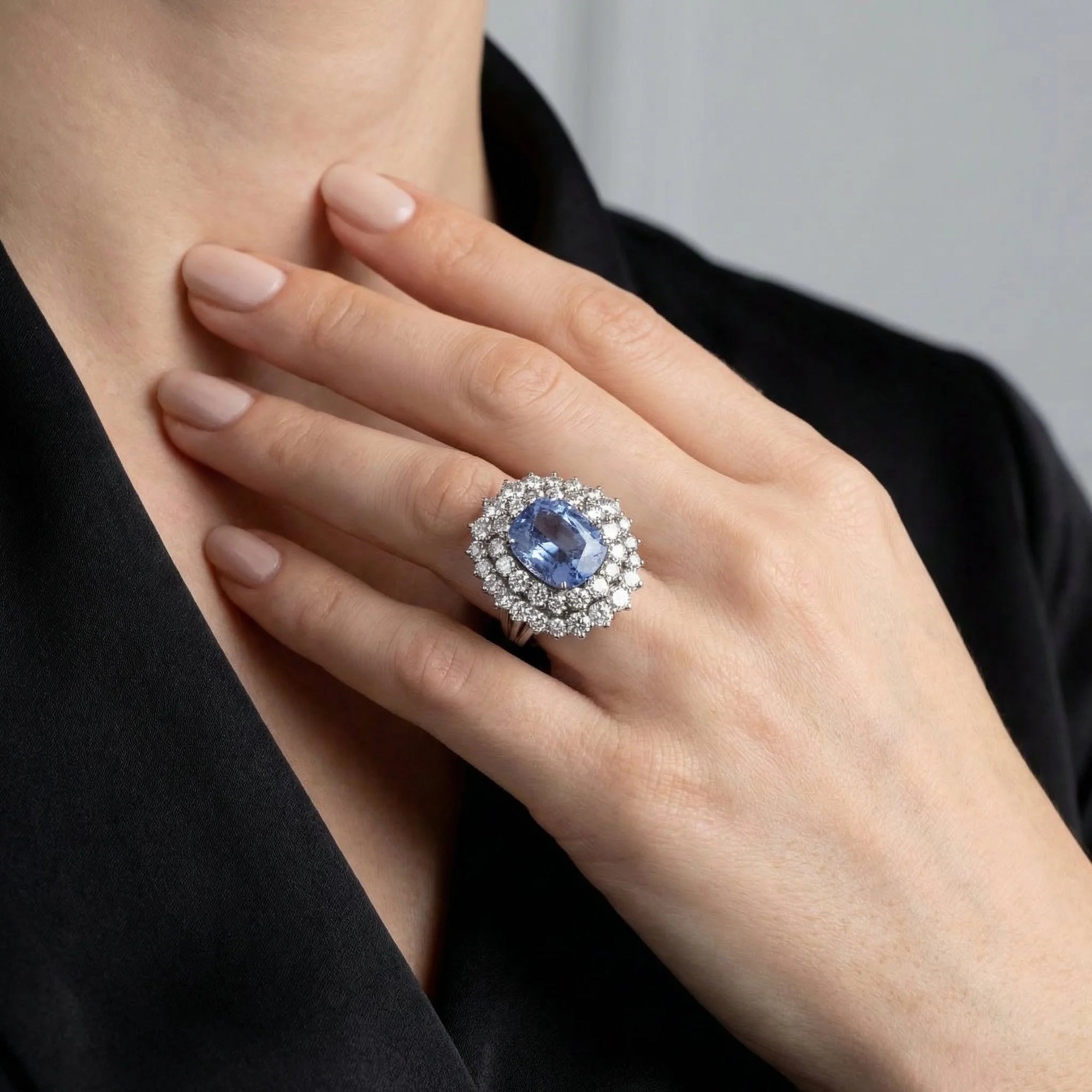18 Carat White Gold Natural Ceylon Sapphire And Diamond Cluster Engagement Ring 5.91 ct