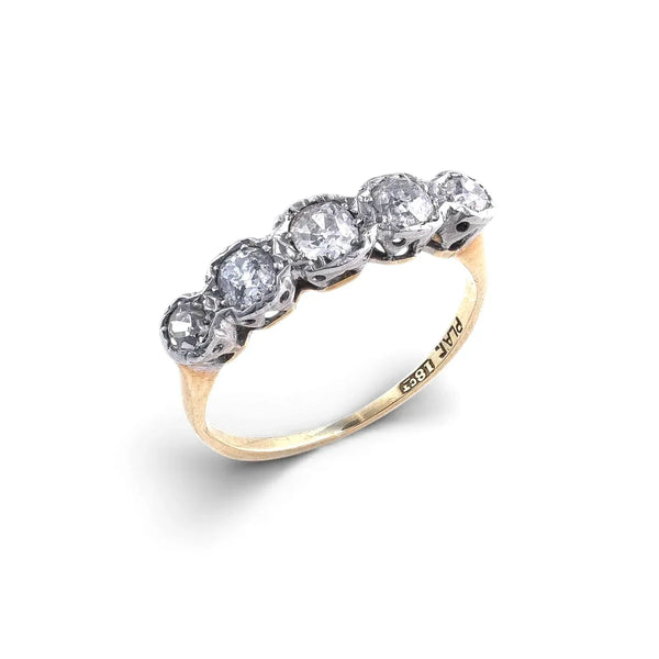 Art Deco 18 Carat Gold And Platinum Old-Cut Diamond Five-Stone Engagement Ring (c. 1920's)