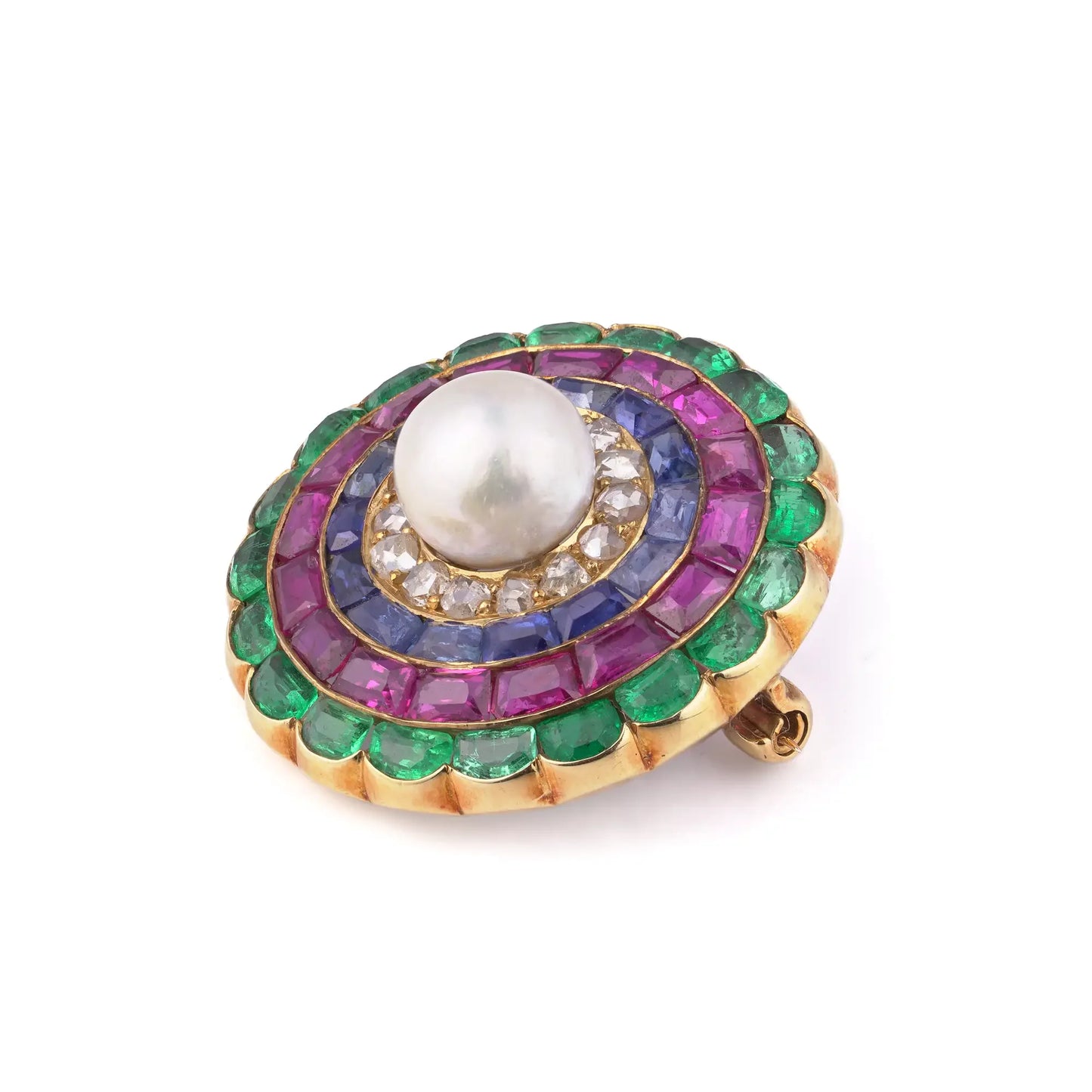 Antique 19th Century Gold Multi Gem And Natural Pearl Brooch