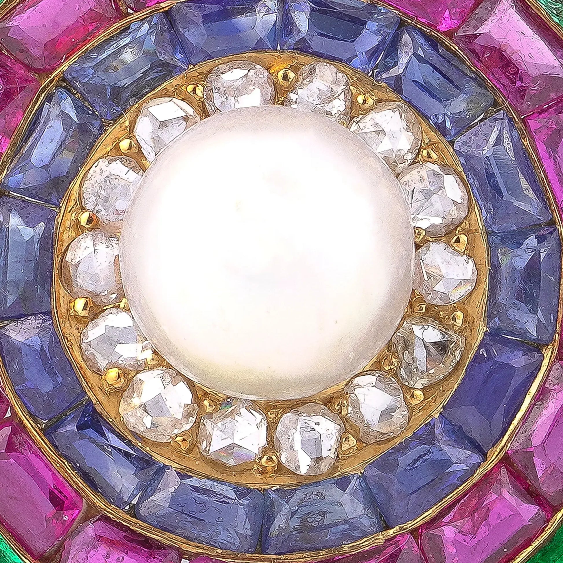 Antique 19th Century Gold Multi Gem And Natural Pearl Brooch