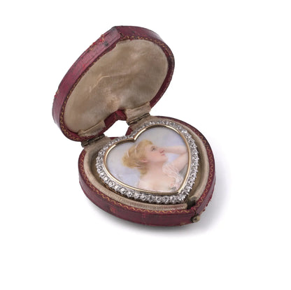 Edwardian Diamond Portrait Miniature Heart Pendant Brooch, 18 Carat Gold