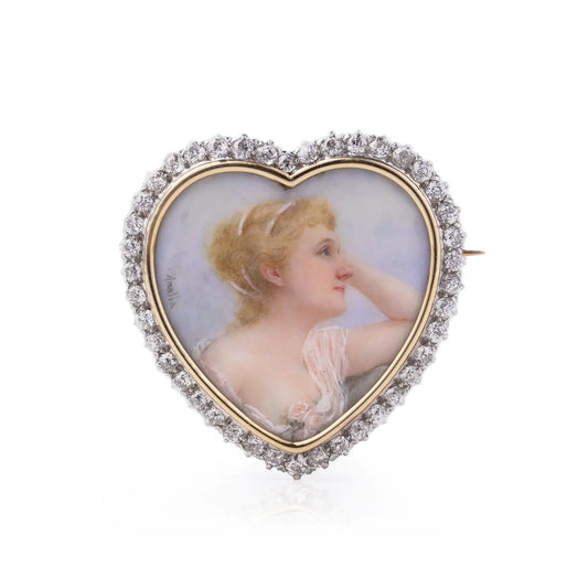 Edwardian Diamond Portrait Miniature Heart Pendant Brooch, 18 Carat Gold