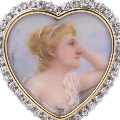 Edwardian Diamond Portrait Miniature Heart Pendant Brooch, 18 Carat Gold