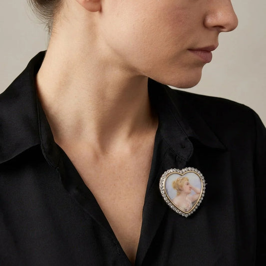 Edwardian Diamond Portrait Miniature Heart Pendant Brooch, 18 Carat Gold
