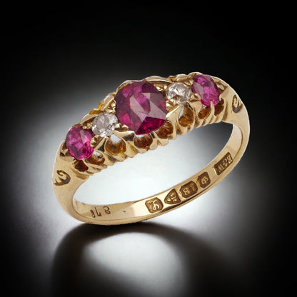 Antique gold five-stone ruby and diamond ring.