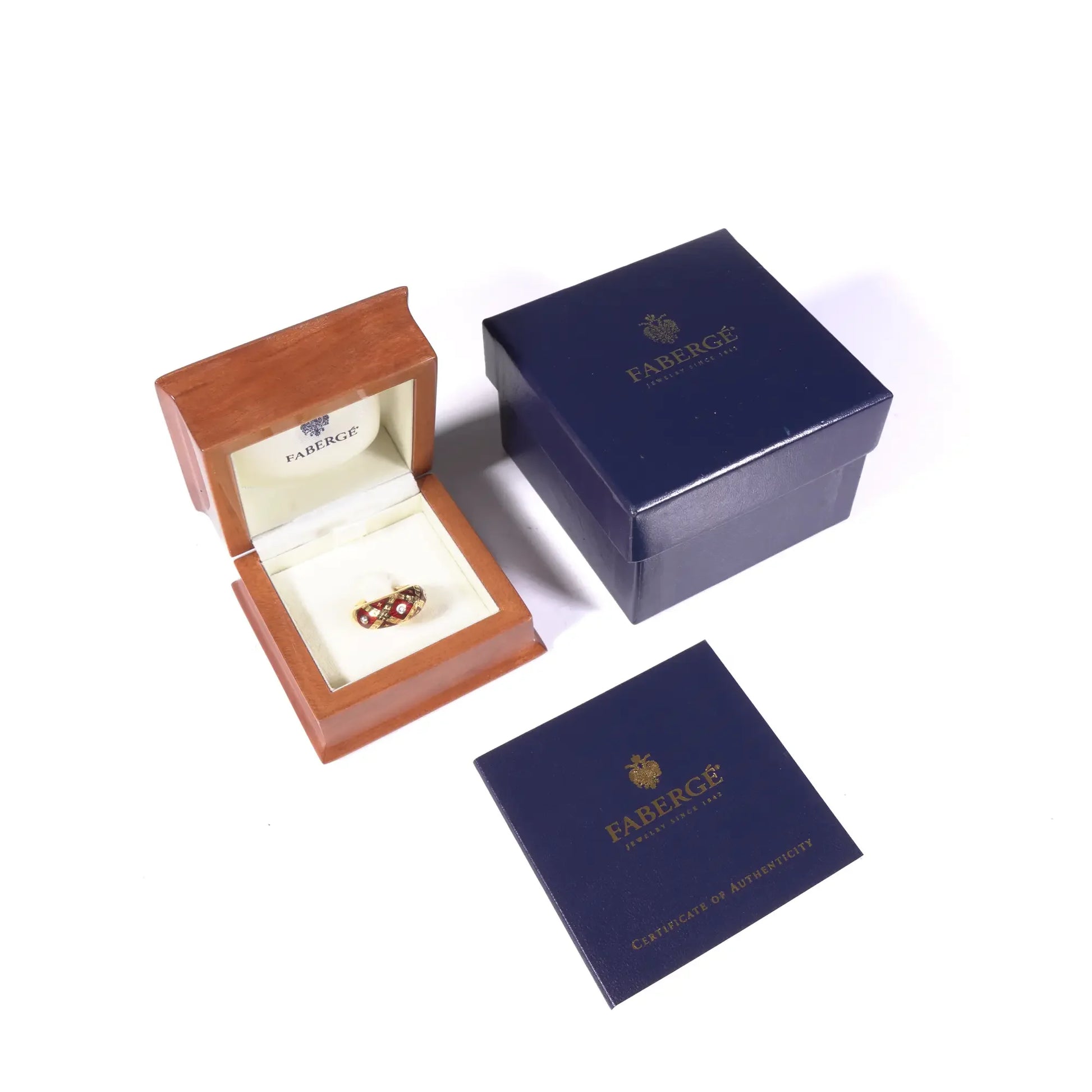 Faberge Limited Edition Diamond And Red Enamel Gold Ring With Box & Papers
