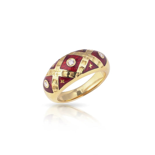 Faberge Limited Edition Diamond And Red Enamel Gold Ring With Box & Papers